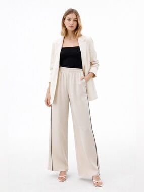 ZARA Wide-Leg Modal Trousers Cream w/Black Piping – Sz XL (NWT)